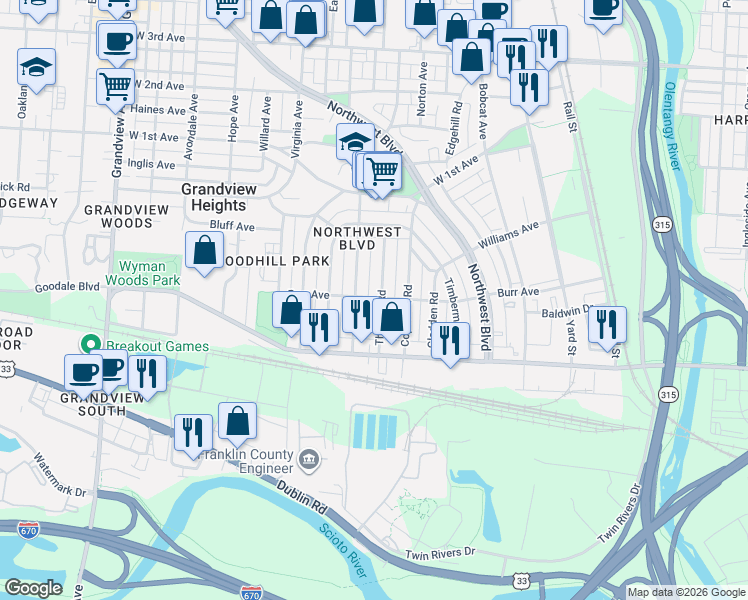 map of restaurants, bars, coffee shops, grocery stores, and more near 1121 Burr Avenue in Columbus