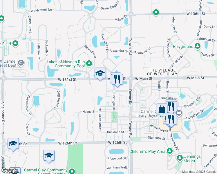 map of restaurants, bars, coffee shops, grocery stores, and more near 13096 Moultrie Street in Carmel
