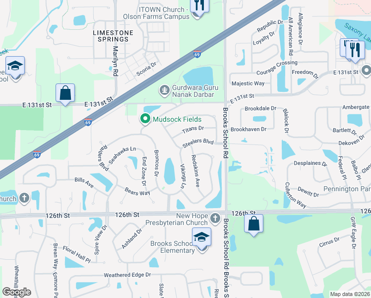 map of restaurants, bars, coffee shops, grocery stores, and more near 12327 Steelers Boulevard in Fishers