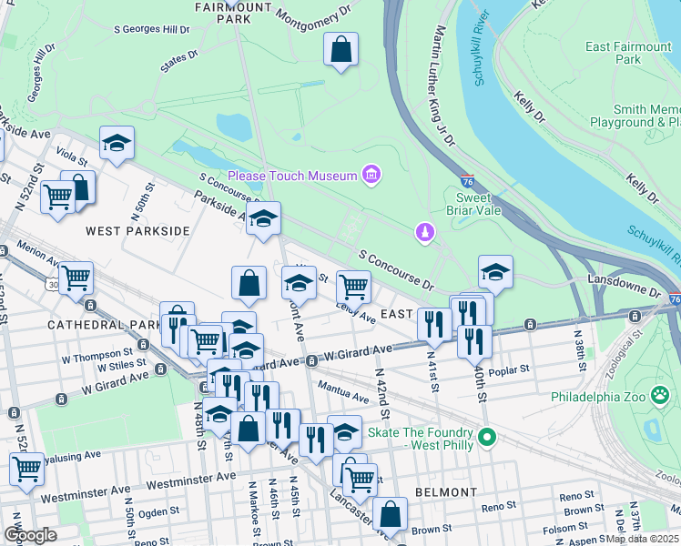 map of restaurants, bars, coffee shops, grocery stores, and more near 4224 Parkside Avenue in Philadelphia