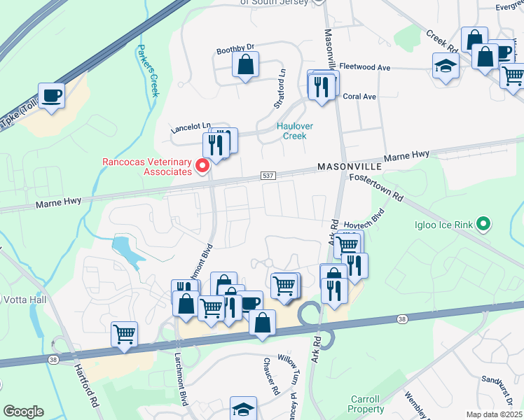 map of restaurants, bars, coffee shops, grocery stores, and more near 5904 Coventry Way in Mount Laurel Township