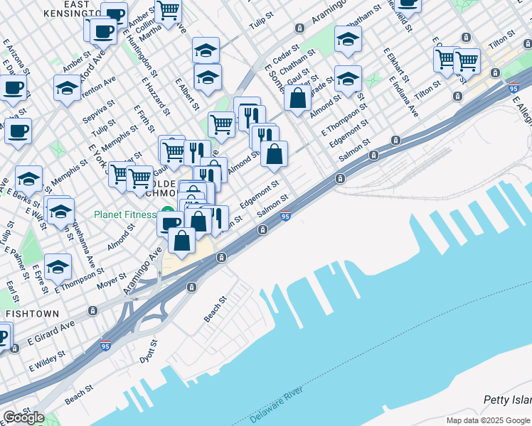 map of restaurants, bars, coffee shops, grocery stores, and more near 2623 Salmon Street in Philadelphia