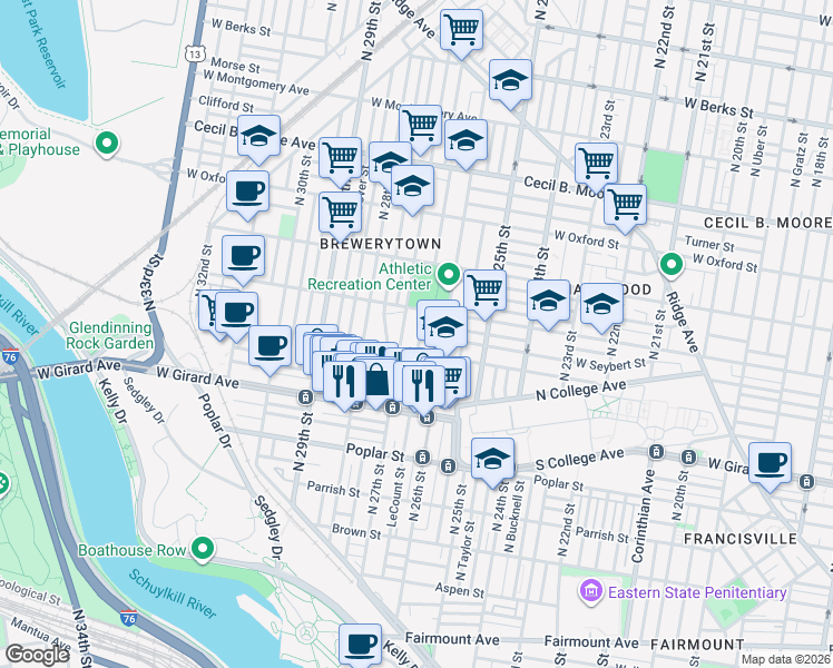 map of restaurants, bars, coffee shops, grocery stores, and more near 1322 North 27th Street in Philadelphia