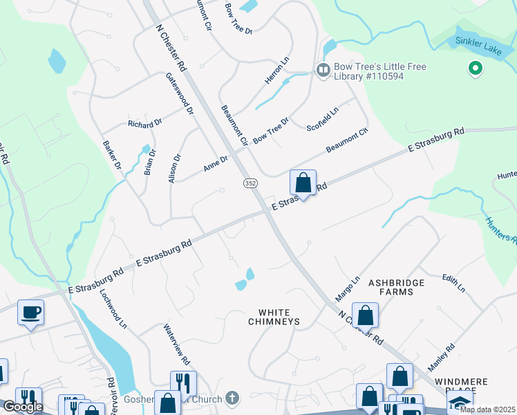 map of restaurants, bars, coffee shops, grocery stores, and more near 1603 East Strasburg Road in West Chester