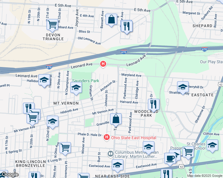 map of restaurants, bars, coffee shops, grocery stores, and more near 460 Hanley Street in Columbus