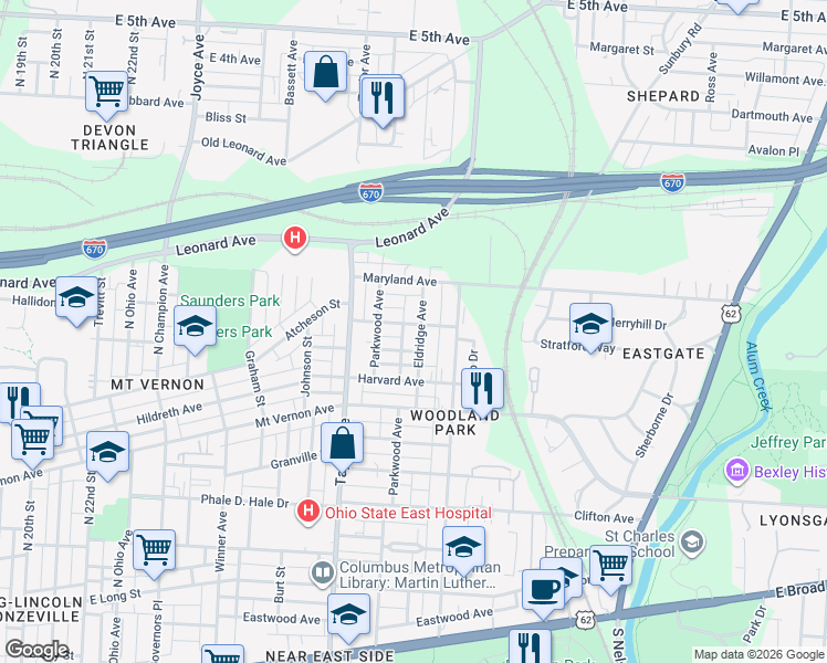 map of restaurants, bars, coffee shops, grocery stores, and more near 439 Eldridge Avenue in Columbus
