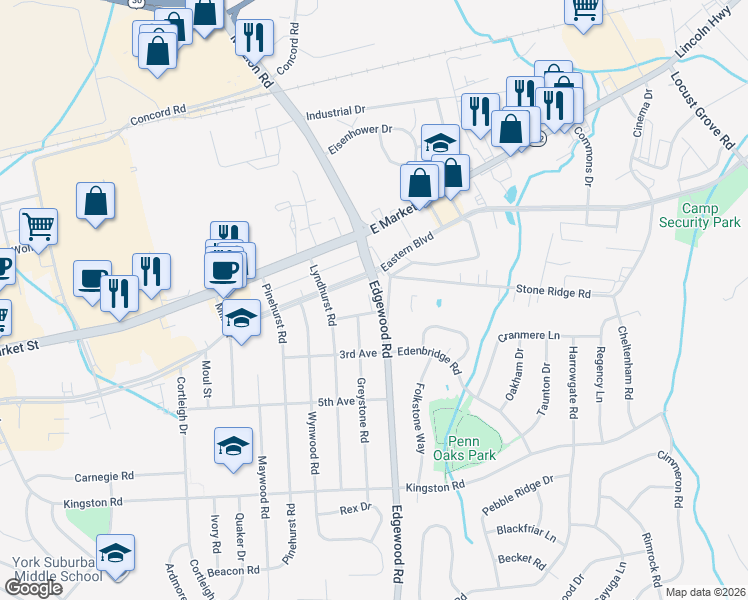 map of restaurants, bars, coffee shops, grocery stores, and more near 104 Pennsylvania 24 in York