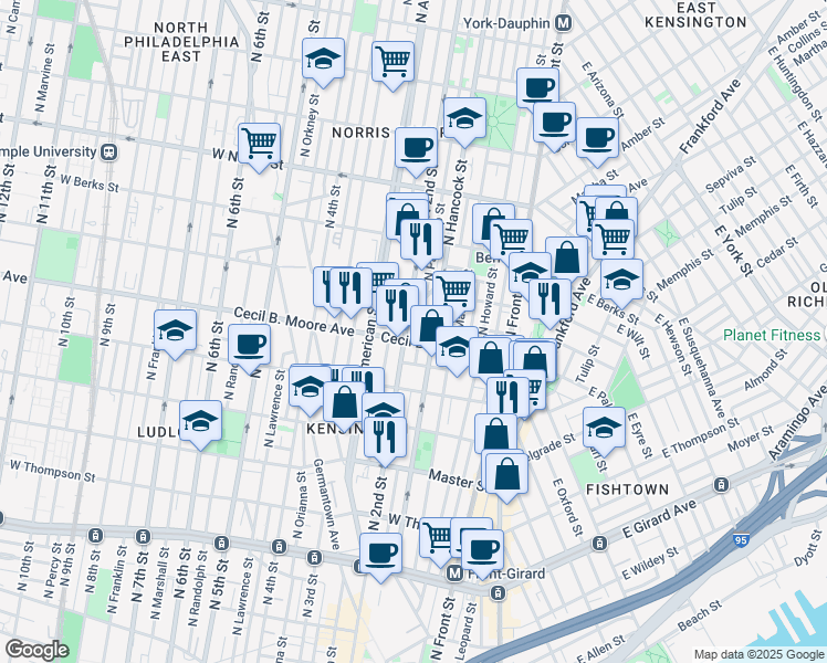 map of restaurants, bars, coffee shops, grocery stores, and more near 1701 North 2nd Street in Philadelphia