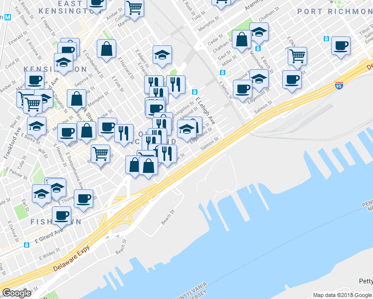 map of restaurants, bars, coffee shops, grocery stores, and more near 2700 East Huntingdon Street in Philadelphia