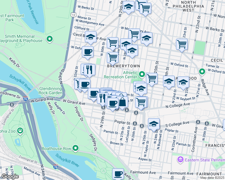 map of restaurants, bars, coffee shops, grocery stores, and more near 1307 North Dover Street in Philadelphia