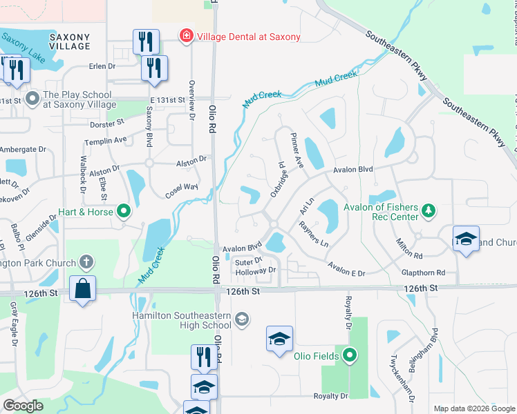 map of restaurants, bars, coffee shops, grocery stores, and more near 12885 Oxbridge Place in Fishers