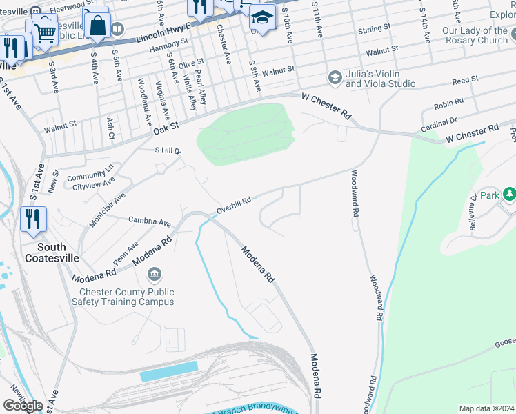 map of restaurants, bars, coffee shops, grocery stores, and more near 53 Lukens Mill Drive in Coatesville