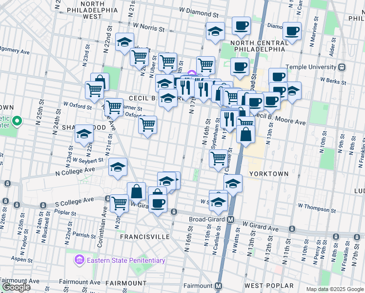map of restaurants, bars, coffee shops, grocery stores, and more near 1442 North 17th Street in Philadelphia