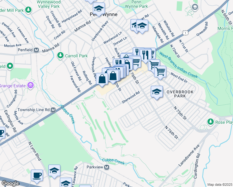 map of restaurants, bars, coffee shops, grocery stores, and more near 1845 Merribrook Road in Philadelphia