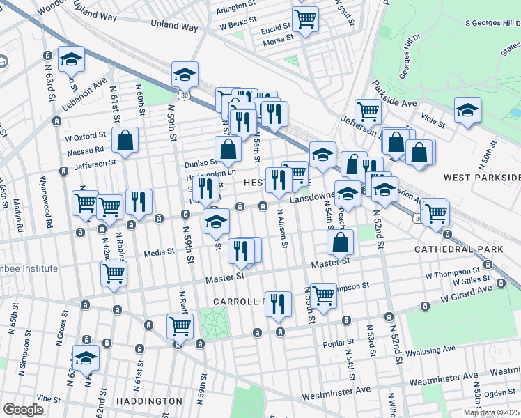 map of restaurants, bars, coffee shops, grocery stores, and more near 5604 Lansdowne Avenue in Philadelphia
