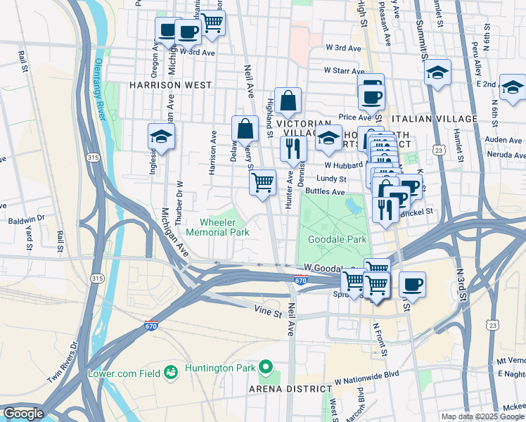 map of restaurants, bars, coffee shops, grocery stores, and more near 288 Collins Avenue in Columbus