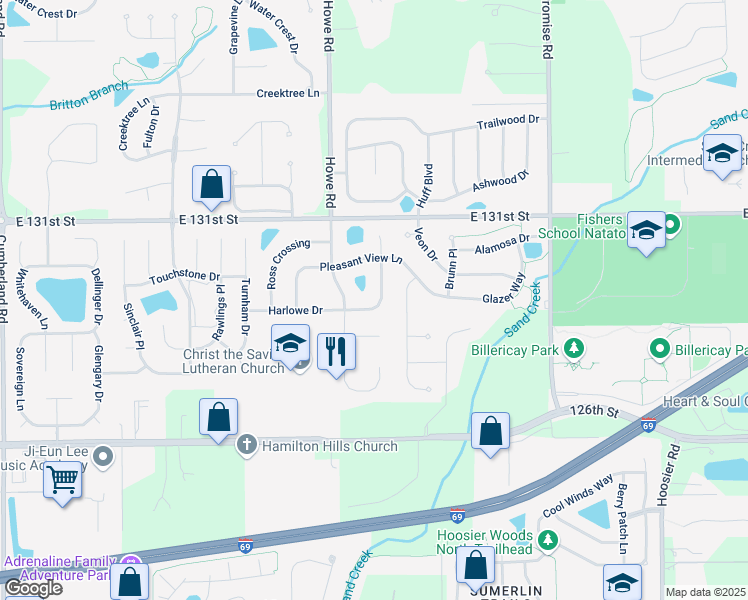 map of restaurants, bars, coffee shops, grocery stores, and more near 10704 Coyote Run in Fishers