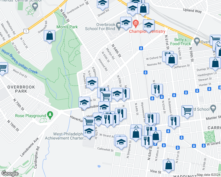 map of restaurants, bars, coffee shops, grocery stores, and more near 907 Kenmore Road in Philadelphia