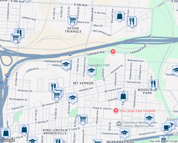map of restaurants, bars, coffee shops, grocery stores, and more near 500 North Champion Avenue in Columbus
