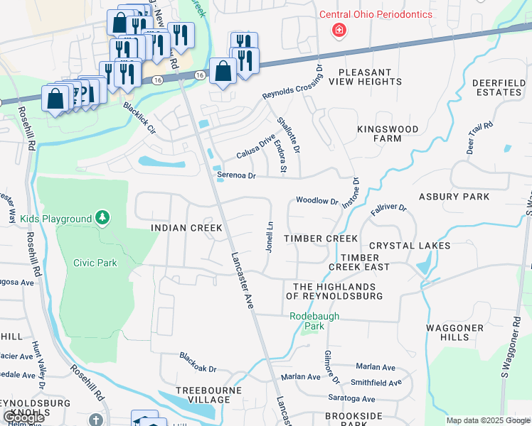 map of restaurants, bars, coffee shops, grocery stores, and more near 347 Jonell Lane in Reynoldsburg