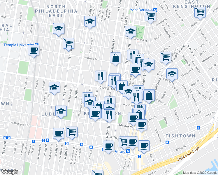 map of restaurants, bars, coffee shops, grocery stores, and more near 219 Cecil B. Moore Avenue in Philadelphia