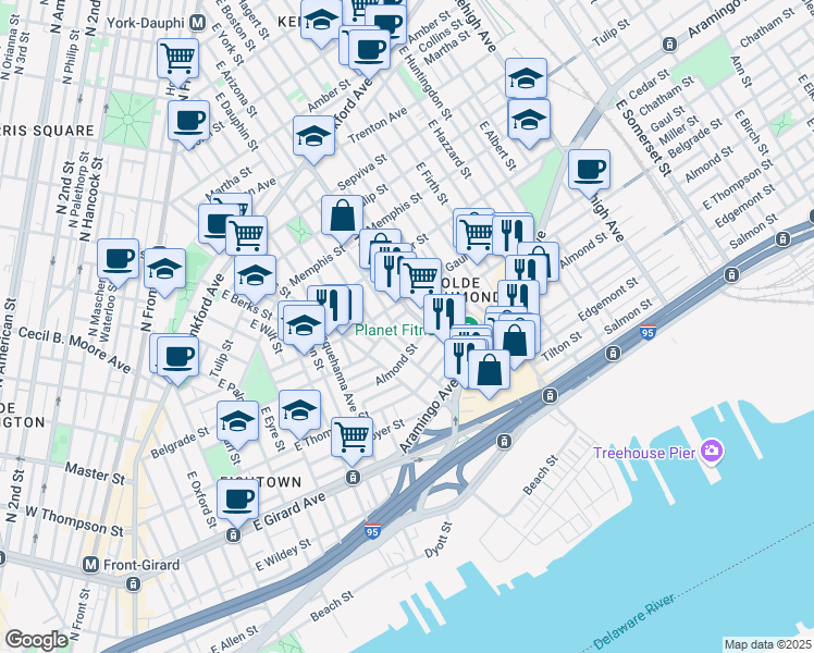 map of restaurants, bars, coffee shops, grocery stores, and more near 2540 East York Street in Philadelphia