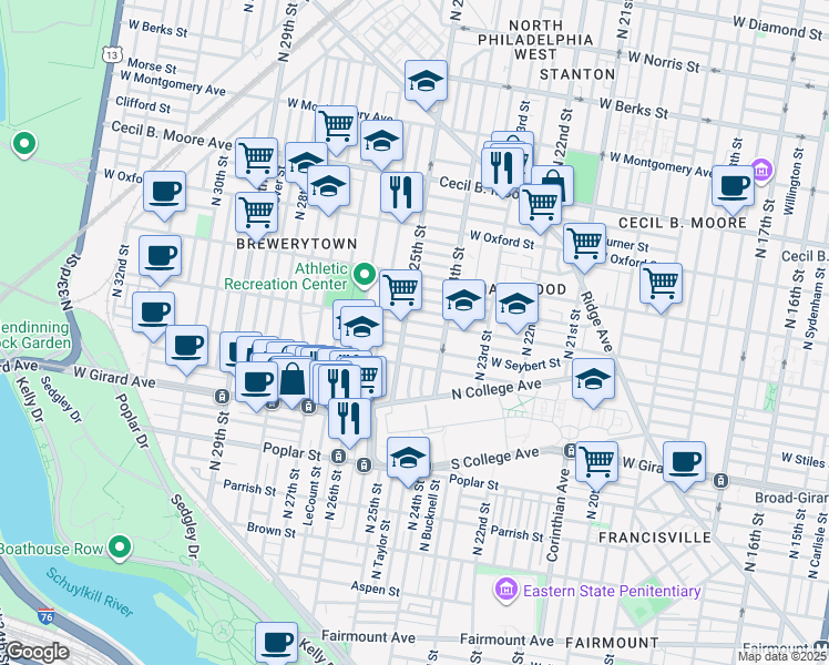 map of restaurants, bars, coffee shops, grocery stores, and more near 2443 Ingersoll Street in Philadelphia