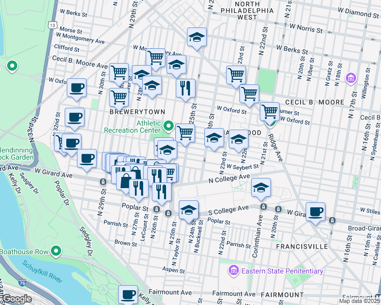 map of restaurants, bars, coffee shops, grocery stores, and more near 2447 Ingersoll Street in Philadelphia