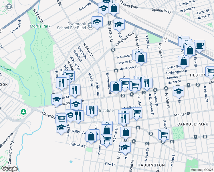 map of restaurants, bars, coffee shops, grocery stores, and more near 834 Wynnewood Road in Philadelphia