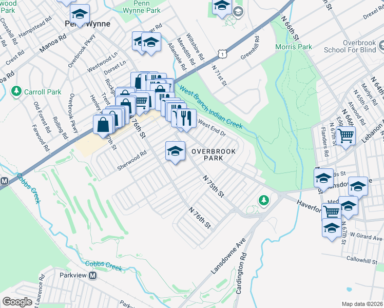 map of restaurants, bars, coffee shops, grocery stores, and more near 7419 Drexel Road in Philadelphia