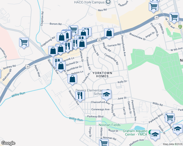 map of restaurants, bars, coffee shops, grocery stores, and more near 1155 Loucks Place in York