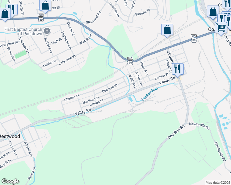 map of restaurants, bars, coffee shops, grocery stores, and more near 784 Madison Street in Coatesville