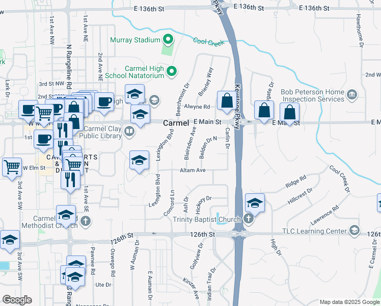 map of restaurants, bars, coffee shops, grocery stores, and more near 131 Blairsden Avenue in Carmel
