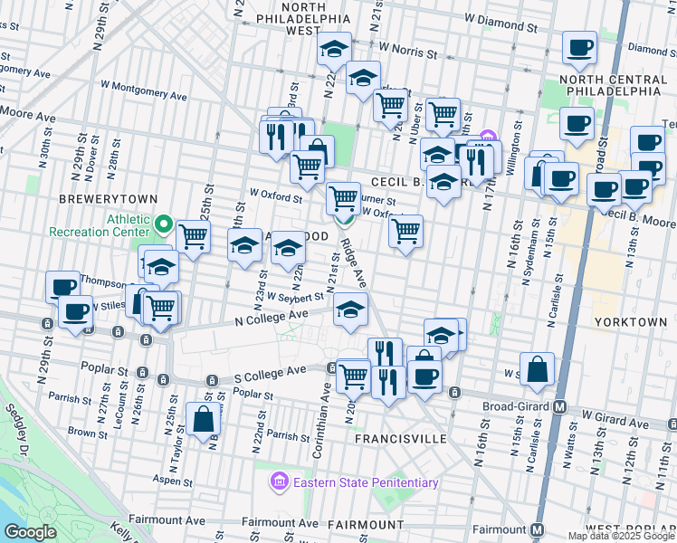 map of restaurants, bars, coffee shops, grocery stores, and more near 1419 North 21st Street in Philadelphia