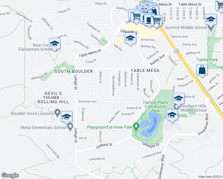 map of restaurants, bars, coffee shops, grocery stores, and more near 1295 Georgetown Road in Boulder