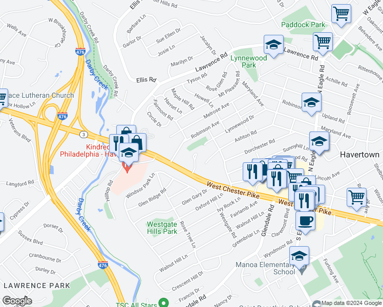 map of restaurants, bars, coffee shops, grocery stores, and more near 1747 West Chester Pike in Havertown