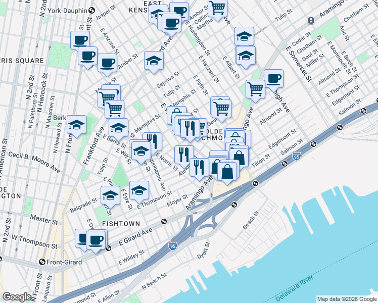map of restaurants, bars, coffee shops, grocery stores, and more near 2519 East Gordon Street in Philadelphia