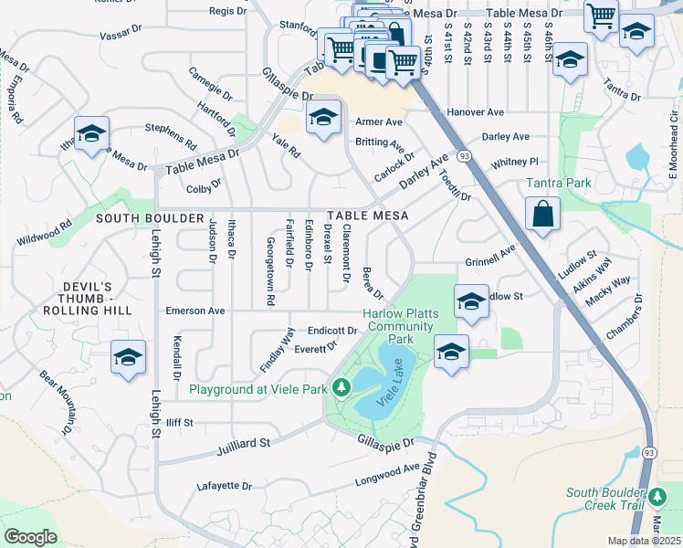 map of restaurants, bars, coffee shops, grocery stores, and more near 1290 Drexel Street in Boulder