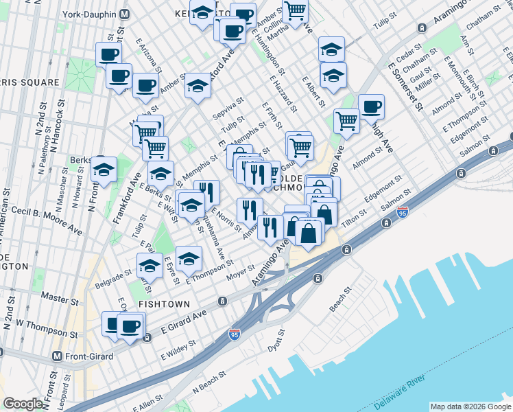 map of restaurants, bars, coffee shops, grocery stores, and more near 2540 East York Street in Philadelphia