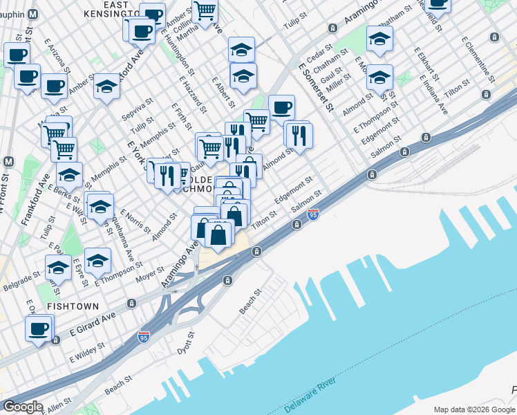 map of restaurants, bars, coffee shops, grocery stores, and more near 2527 East Thompson Street in Philadelphia