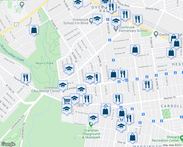 map of restaurants, bars, coffee shops, grocery stores, and more near 900 N 65th St in Philadelphia