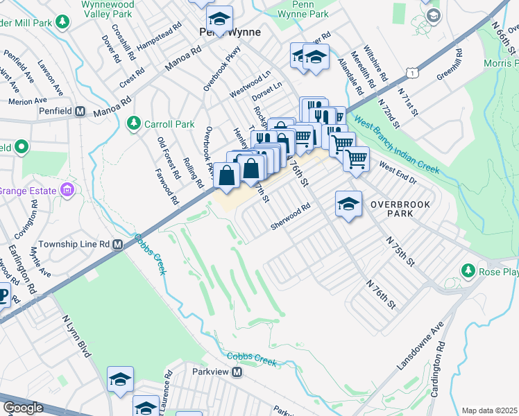 map of restaurants, bars, coffee shops, grocery stores, and more near 1845 Merribrook Road in Philadelphia