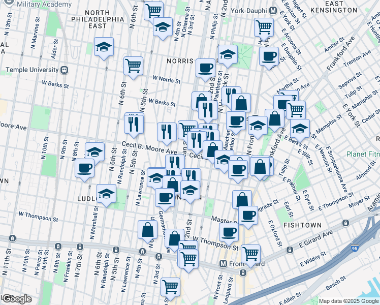 map of restaurants, bars, coffee shops, grocery stores, and more near 219 Cecil B. Moore Avenue in Philadelphia