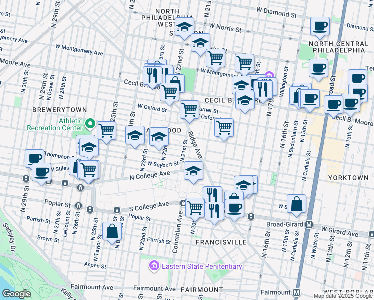 map of restaurants, bars, coffee shops, grocery stores, and more near 1419 North 21st Street in Philadelphia