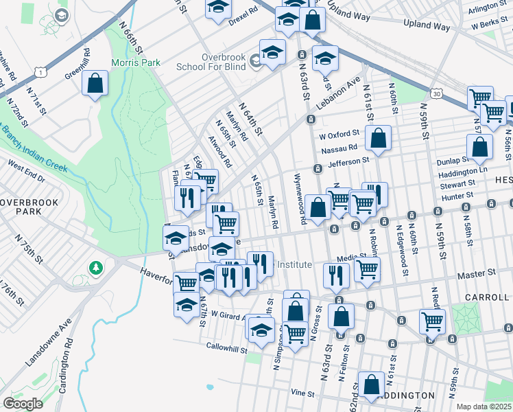 map of restaurants, bars, coffee shops, grocery stores, and more near 900 N 65th St in Philadelphia