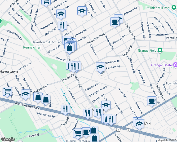 map of restaurants, bars, coffee shops, grocery stores, and more near 519 Twin Oaks Drive in Havertown