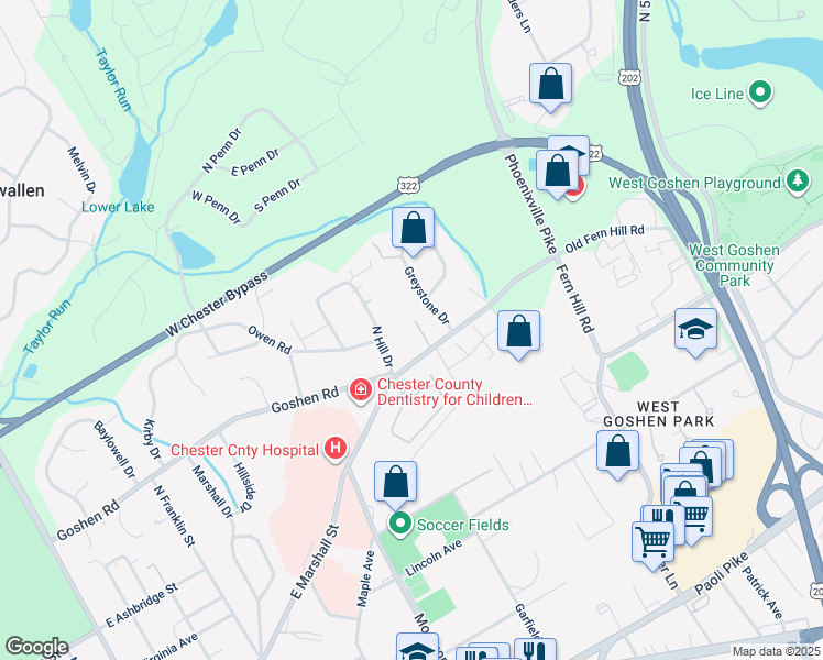 map of restaurants, bars, coffee shops, grocery stores, and more near 904 Sylvania Lane in West Chester