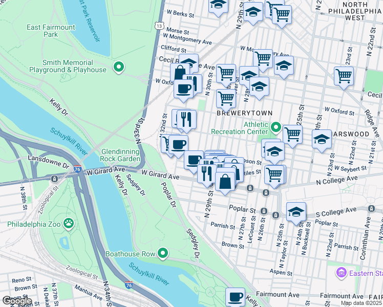 map of restaurants, bars, coffee shops, grocery stores, and more near 3016 West Thompson Street in Philadelphia