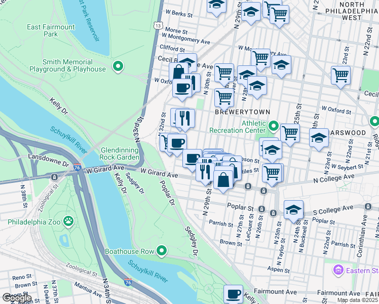 map of restaurants, bars, coffee shops, grocery stores, and more near 3016 West Thompson Street in Philadelphia