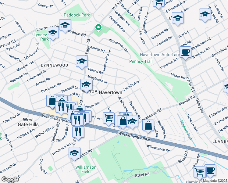 map of restaurants, bars, coffee shops, grocery stores, and more near 300 Shelbourne Road in Havertown